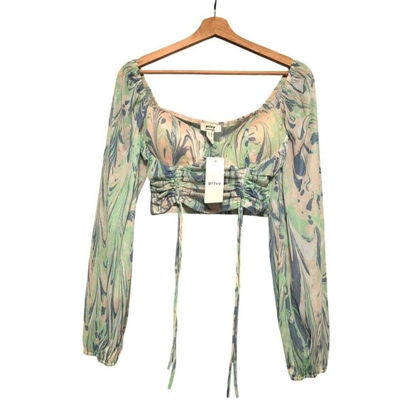 privy Tops - Privy Women's Size M Green Blue Swirl Marble Print Long Sleeve Ruched Crop Top
